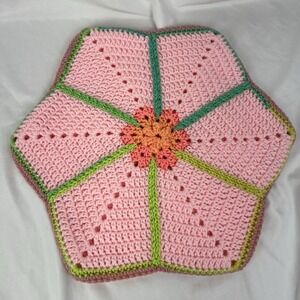 Hand Crocheted Pink Flower Hot Pad Trivet Pot Holder Doily Reversible Floral 17"
